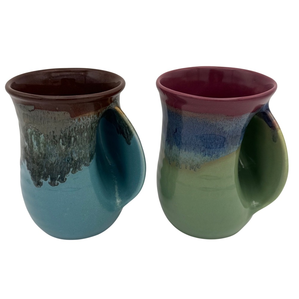 Clay In Motion Signed Neher Right Hand Handwarmer Mugs Set of 2 Artisan Pottery